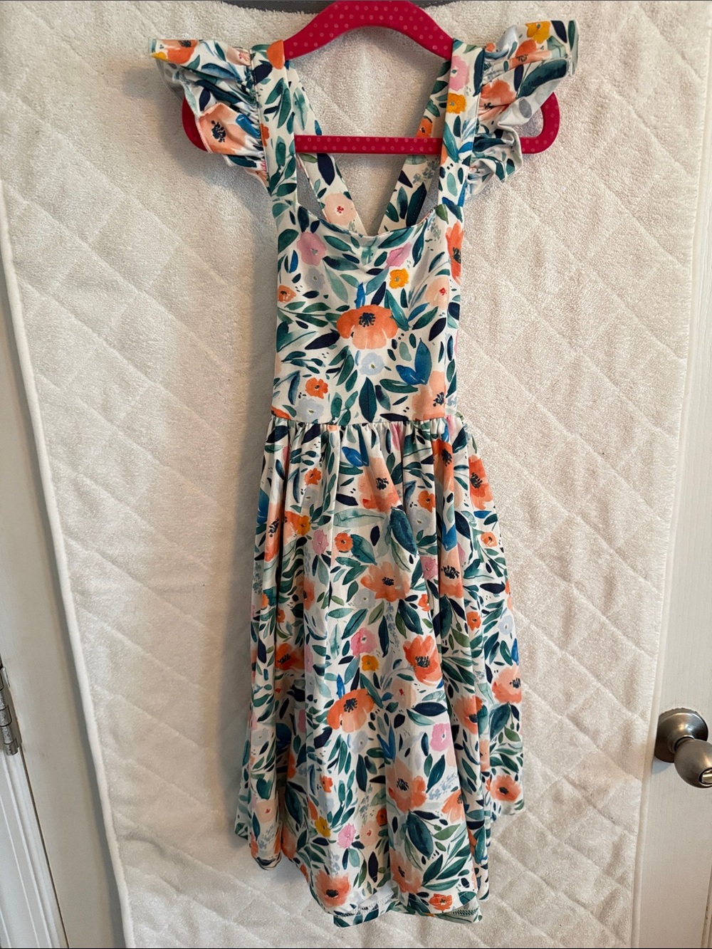 Girls Floral Ruffle Strap Dress in Cream with Coral and Green